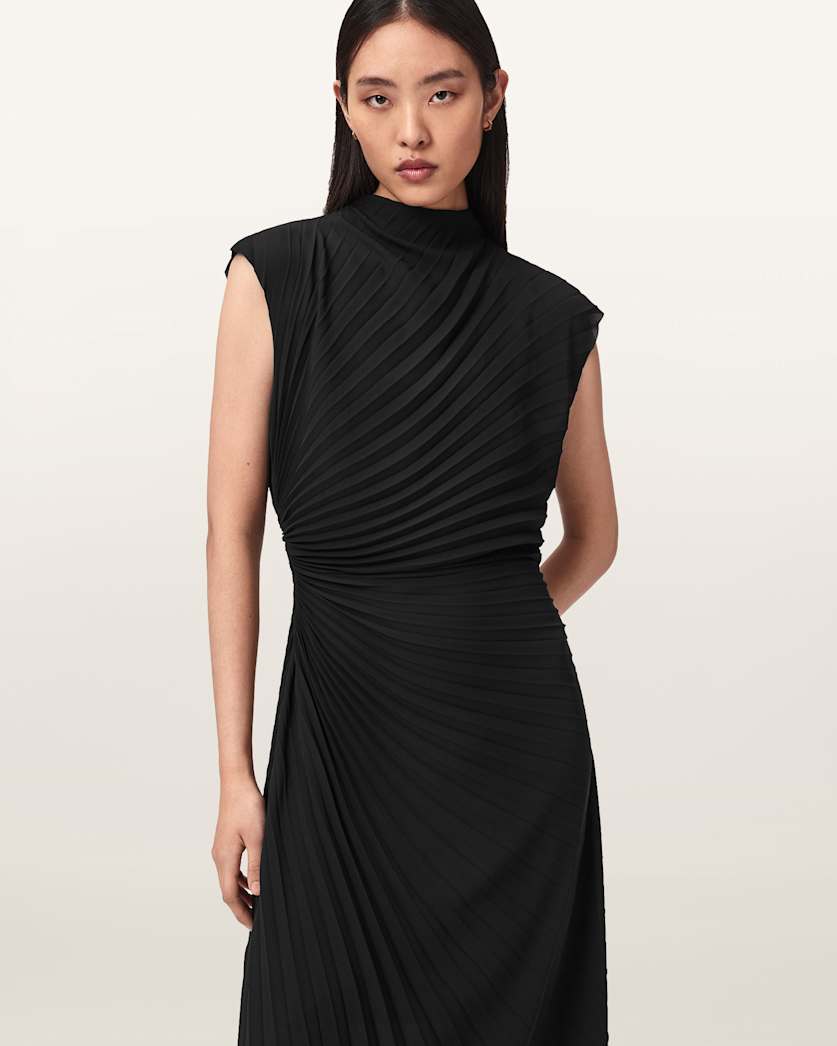 Rayanna Pleated Midi Dress Black | ALLSAINTS Canada